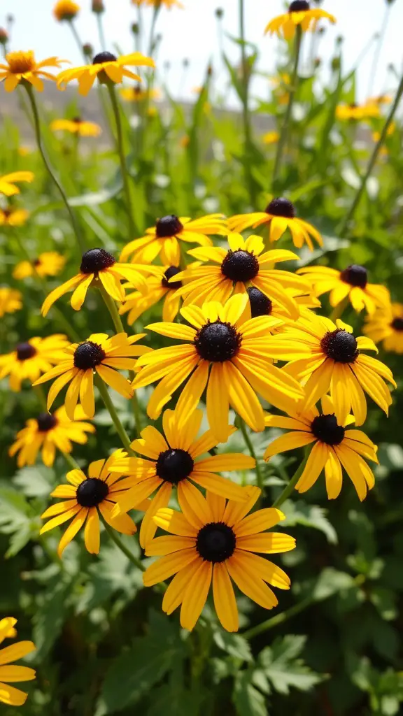 17 Long-Blooming Perennials for a Vibrant Garden Year-Round 9 A cluster of bright yellow Black-eyed Susan flowers with dark brown centers.