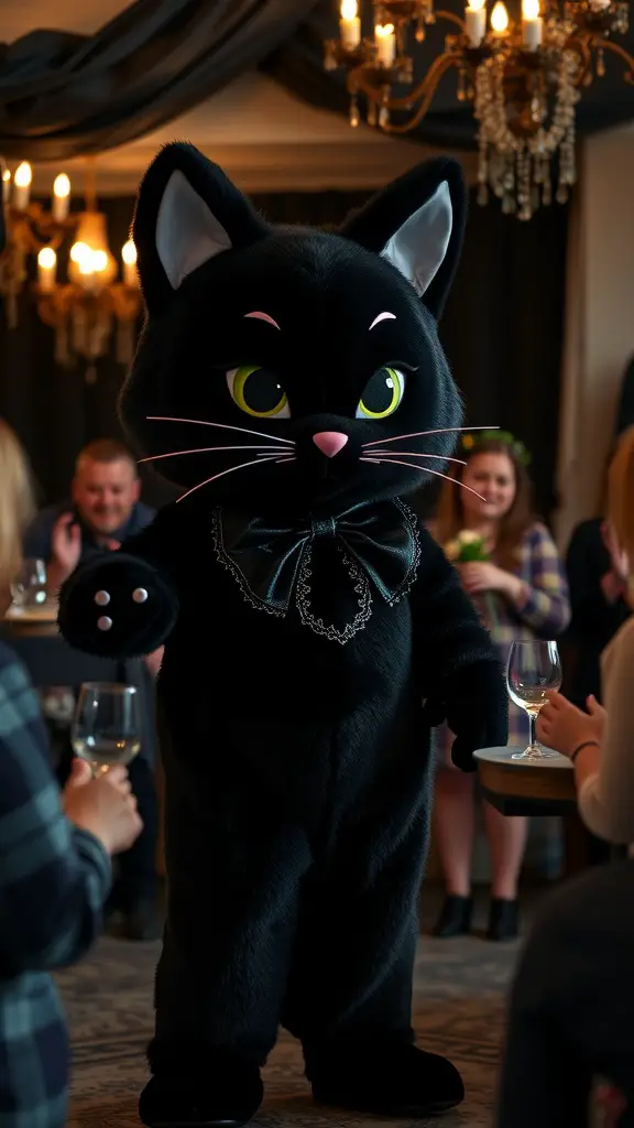 21 Spooktacular Goth Baby Shower Ideas You’ll Love 16 A cheerful black cat mascot welcoming guests at a goth baby shower.