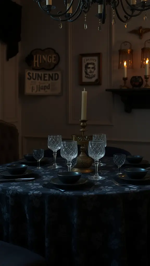21 Spooktacular Goth Baby Shower Ideas You’ll Love 6 Table set with black lace tablecloth, crystal glassware, and black dishware, creating a goth-themed atmosphere.