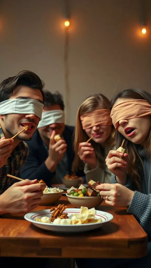 Group of friends playing a blindfolded taste test game, sampling various foods while blindfolded.