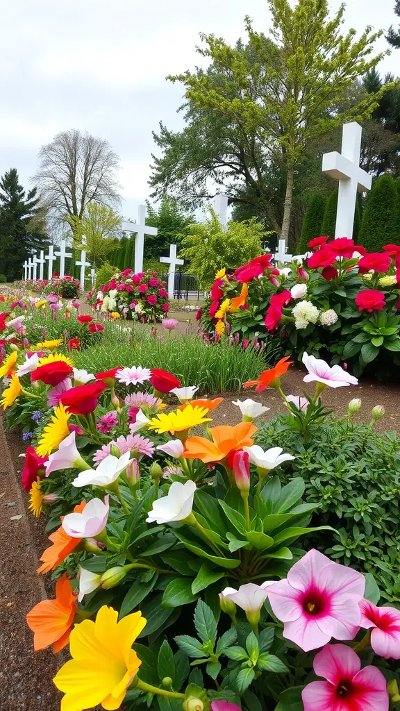 Colorful flower beds with various flowers in front of white crosses in a memorial garden.
