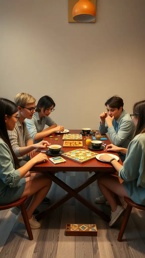 19 Fun Games for Adults to Enjoy at Your Next Gathering 4 A group of five friends enjoying a board game marathon at a table with snacks and drinks.