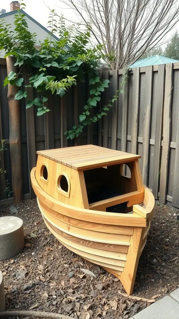 21 Creative Garden Ideas Using Used Boats 18 A wooden composting bin shaped like a boat, surrounded by plants and a wooden fence.