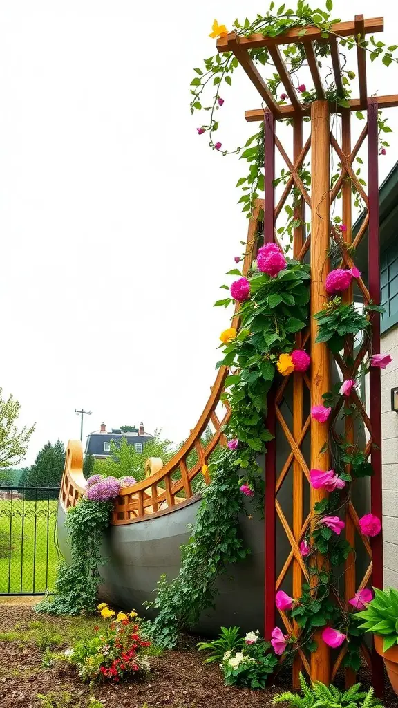 21 Creative Garden Ideas Using Used Boats 13 A wooden trellis shaped like a boat, adorned with colorful climbing plants and flowers.