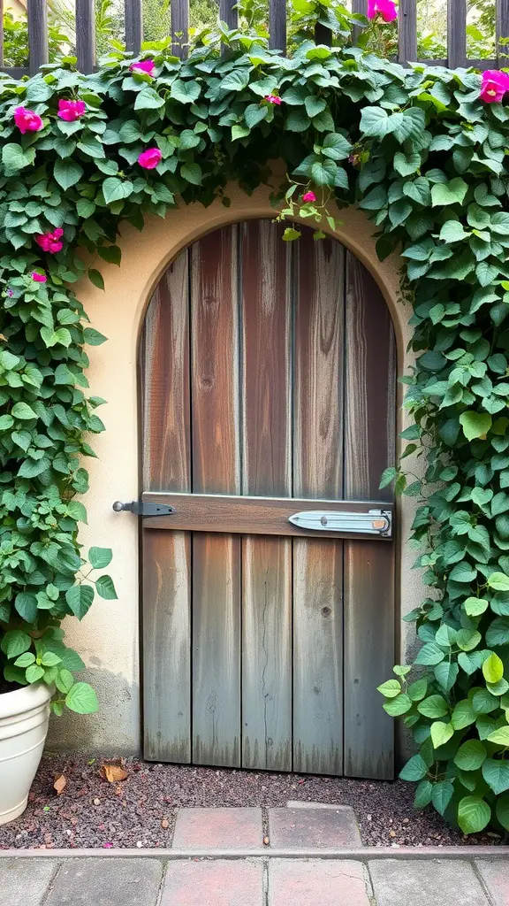 21 Creative Garden Ideas Using Used Boats 10 A wooden garden gate framed by lush green leaves and pink flowers, resembling a boat wheel.