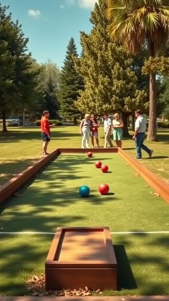 17 Fun Yard Games for Adults to Enjoy This Summer 9 A group of friends playing bocce ball in a park on a sunny day.
