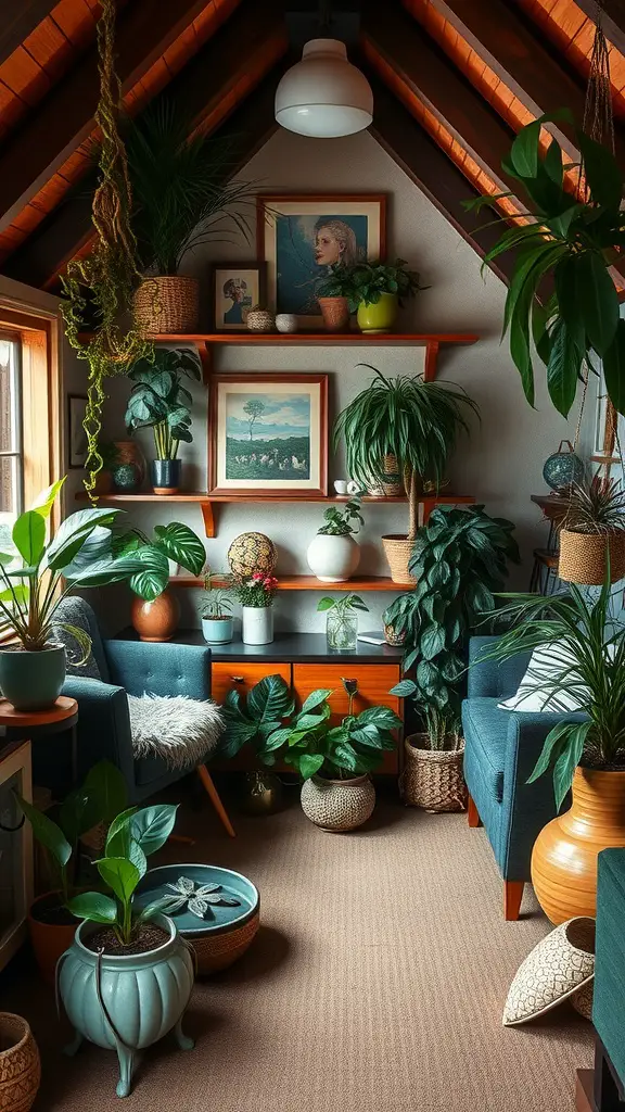 A cozy attic corner filled with various indoor plants, art pieces on shelves, and comfortable seating.