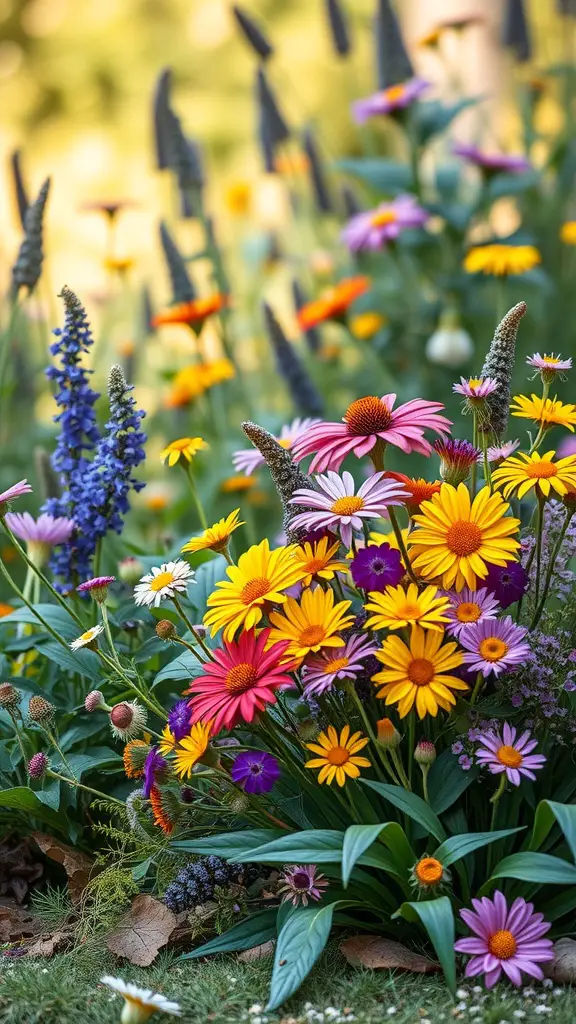 A vibrant bohemian flower arrangement featuring colorful daisies and asters.