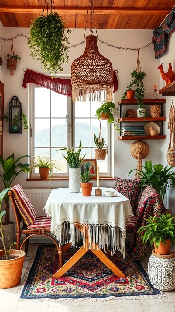 17 Cozy Dining Nook Ideas for Your Home 7 A cozy bohemian dining nook with plants, a round table, and colorful textiles.
