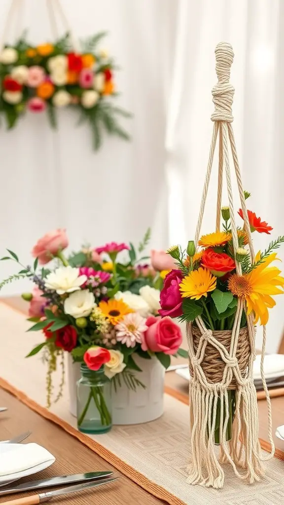 25 Stunning Wedding Table Centerpieces to Inspire Your Big Day 14 A wedding table centerpiece featuring a macrame holder with colorful flowers and additional floral arrangements.
