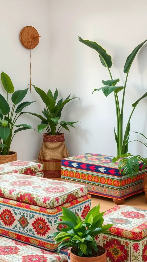 A cozy corner featuring vibrant bohemian storage ottomans and lush green plants.
