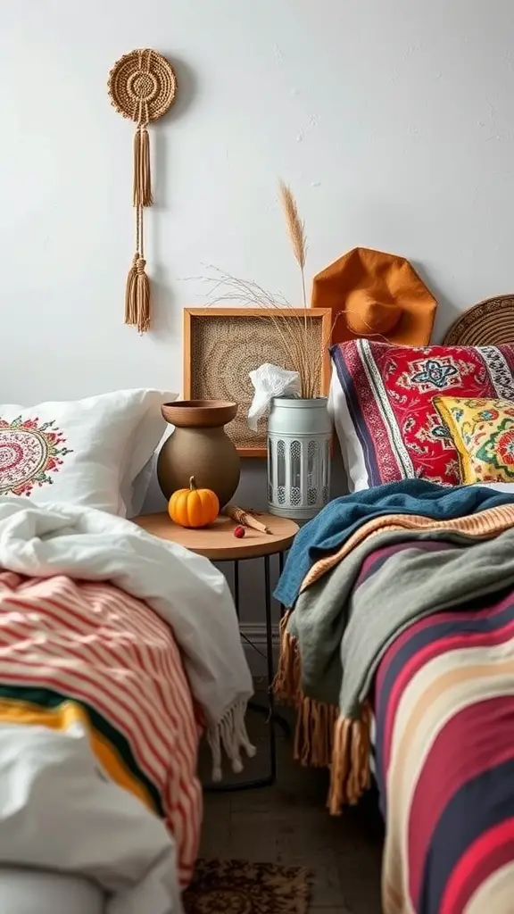 21 Stunning Bedside Table Ideas for Every Style 14 A bohemian style bedroom featuring colorful bedding, textured decor, and a bedside table with unique items.