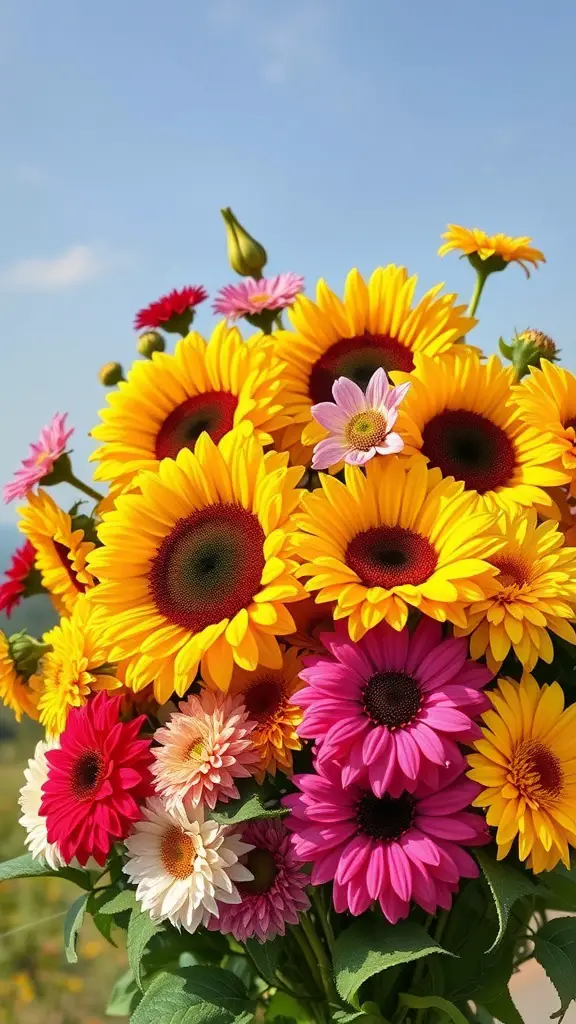 17 Stunning Flower Arrangement Ideas You’ll Love 11 A vibrant bouquet featuring bright yellow sunflowers and colorful daisies under a clear blue sky.