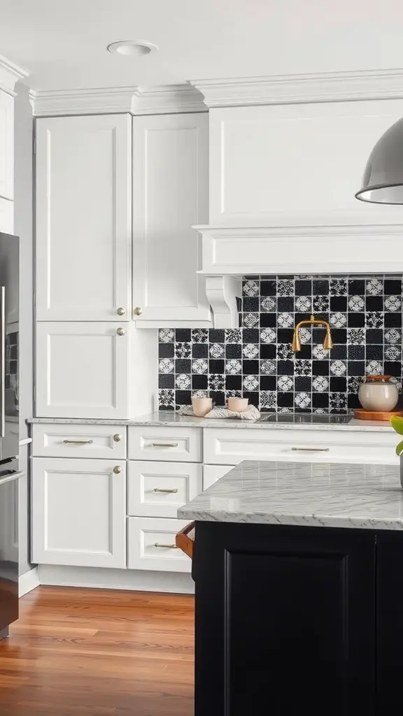 21 Stunning Backsplash Ideas for Your Dream Kitchen 12 A stylish kitchen featuring a bold black and white backsplash, white cabinetry, and a marble countertop.