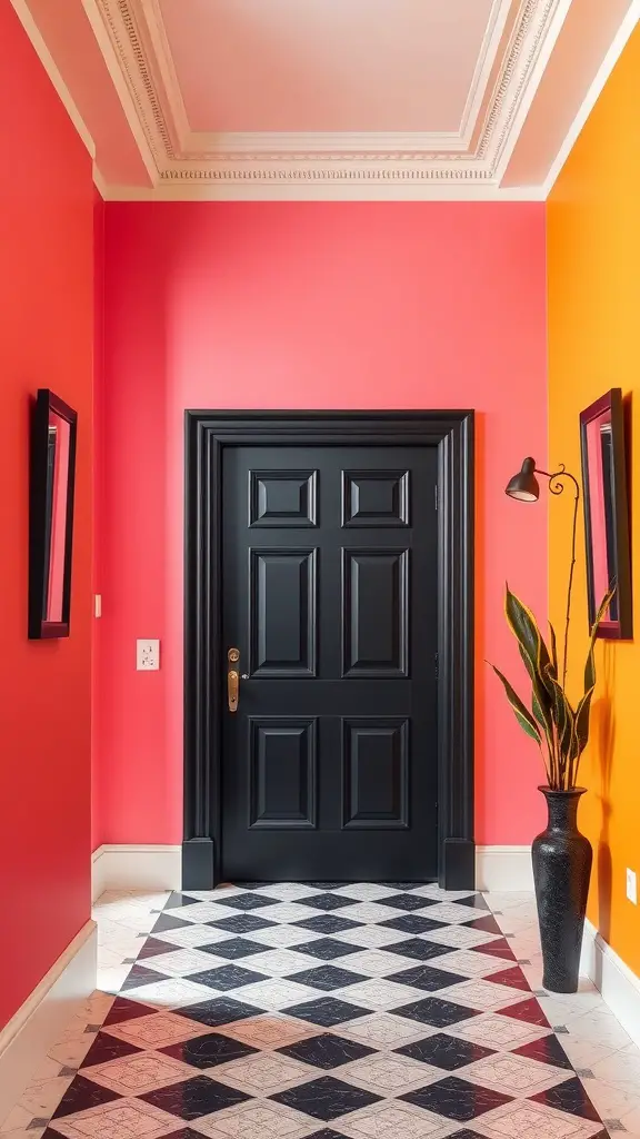 A striking black door in a colorful hallway