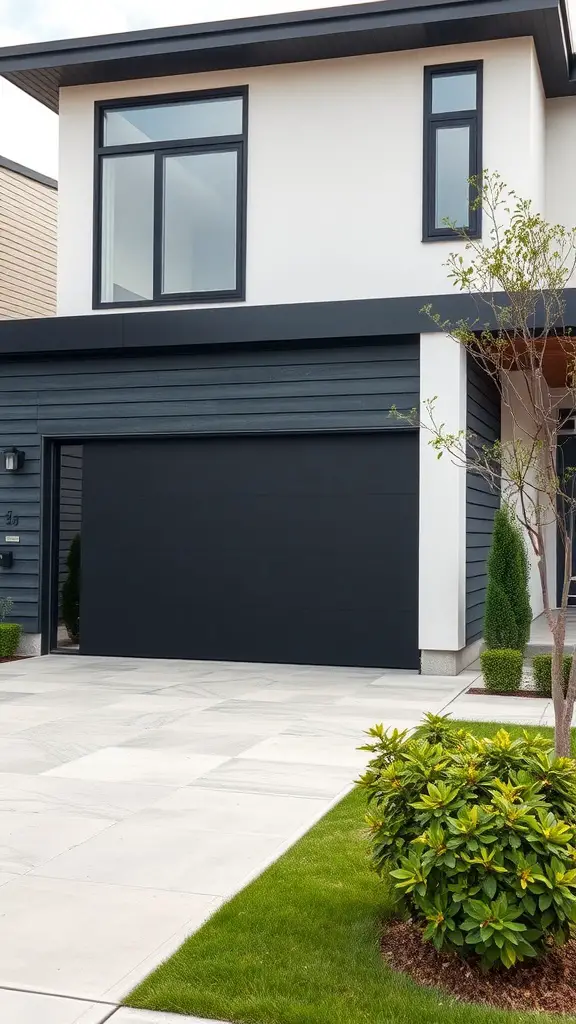 A modern home with a bold black garage door, showcasing a sleek design.