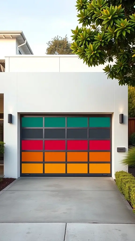 A modern garage door featuring a colorful design with green, red, and orange blocks.
