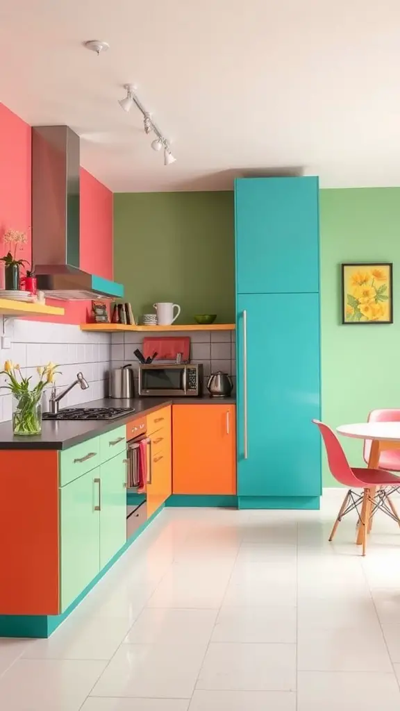23 Stunning Modern Kitchen Ideas You Need to See 7 A modern kitchen with bold teal, coral, and green cabinets