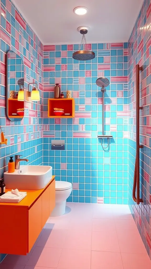 A modern bathroom with bright blue and pink tiled walls and an orange vanity.