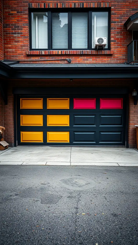 A black garage door with bold yellow and pink accents