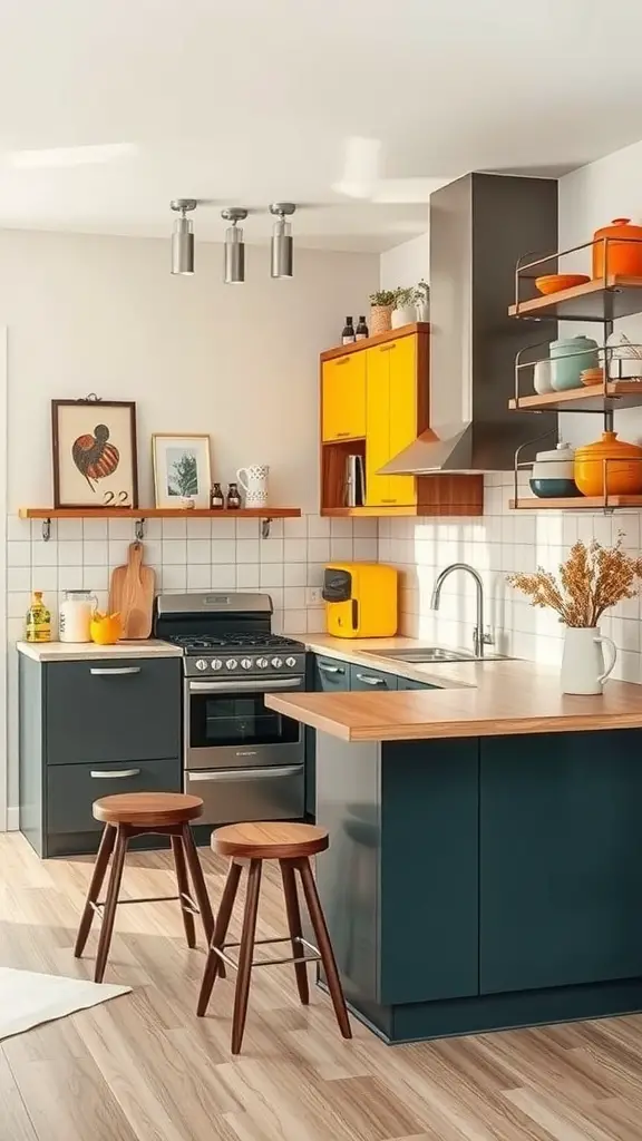 A modern kitchen featuring bold yellow accents and dark cabinets, showcasing colorful dishware on open shelves.