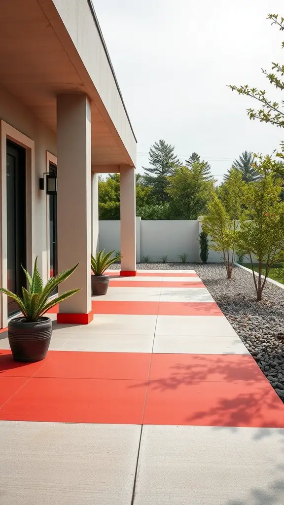 A modern porch with bold red and neutral color blocks on the concrete floor, surrounded by greenery.