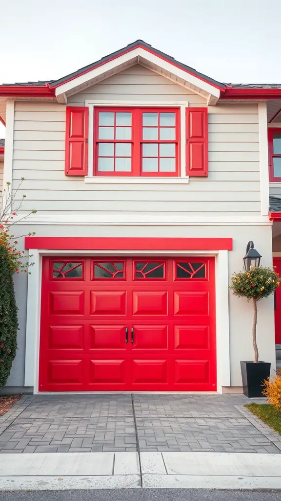 27 Stunning Modern Garage Door Designs You’ll Love 7 A bright red garage door with a panel design, contrasting against a beige house exterior.