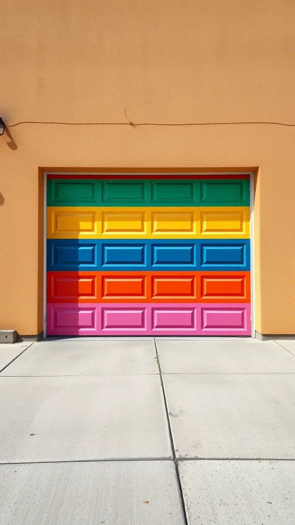 25 Creative Garage Door Ideas for a Stunning Home Entrance 10 A colorful garage door featuring horizontal stripes of green, yellow, blue, orange, and pink.