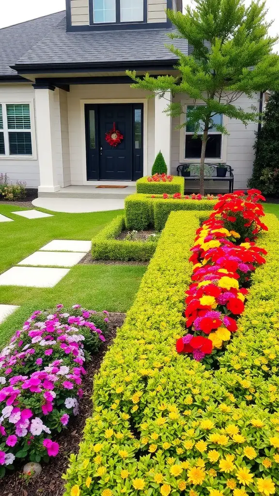 17 Stunning Modern Front Yard Landscape Designs You Need to See 9 Colorful flower beds with red, yellow, and purple flowers in a well-maintained front yard.