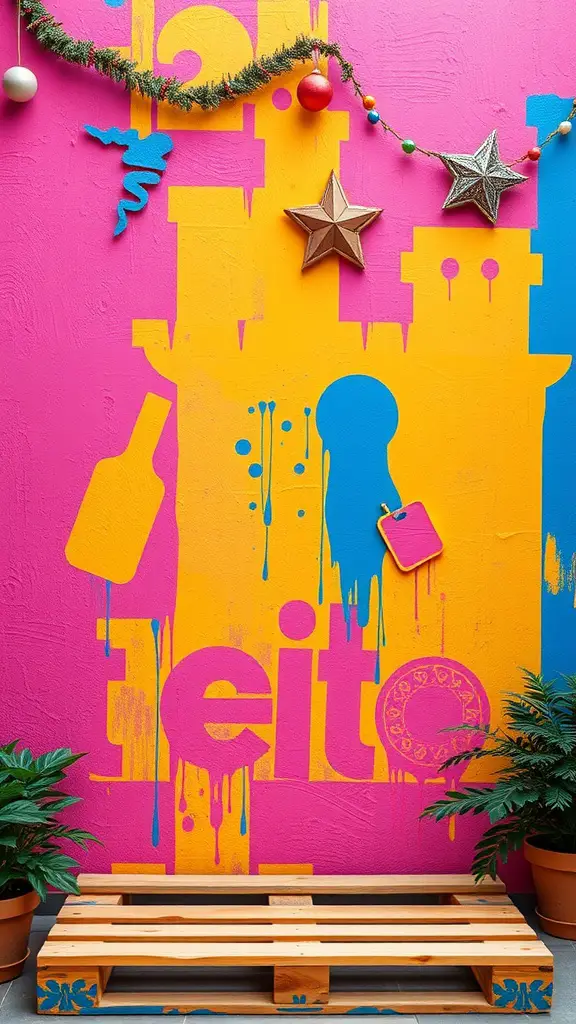 A vibrant pallet backdrop featuring bold pink and yellow colors with decorative elements.