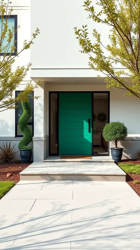 17 Stunning Green Front Door Ideas to Elevate Your Curb Appeal 2 A modern home with a bold emerald green front door, surrounded by greenery and stylish planters.