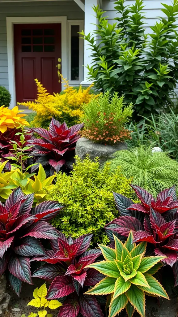 Vibrant front bed landscaping featuring various bold foliage plants with rich colors and textures.