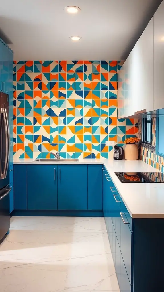 21 Stunning Backsplash Ideas for Your Dream Kitchen 2 A kitchen with a bold geometric patterned backsplash in blue and orange colors.
