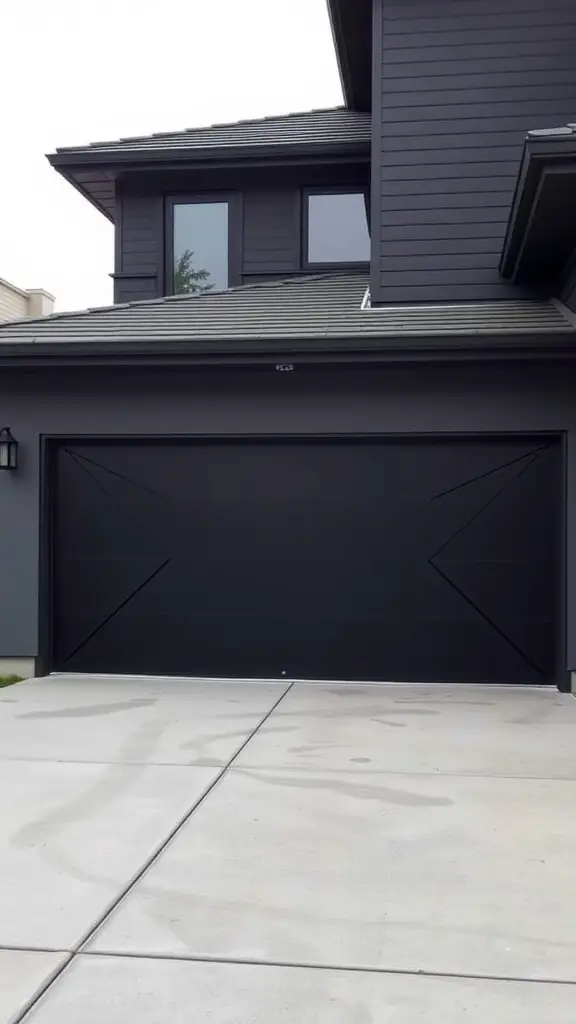 A black garage door with bold geometric patterns, featuring sharp angles and a sleek finish.