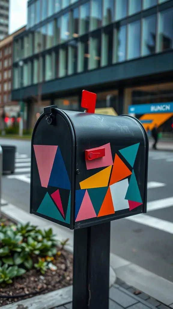 15 DIY Painted Mailbox Ideas to Brighten Your Curb Appeal 4 A mailbox painted with bold geometric patterns in various colors, set in an urban environment.