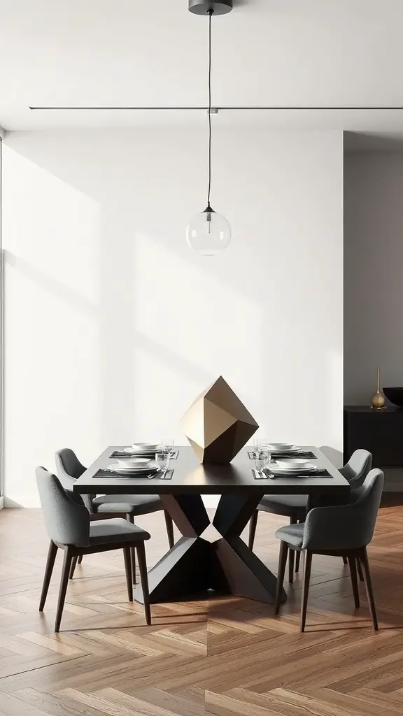29 Stunning Dining Table Centerpieces for Every Occasion 16 A modern dining table with a geometric golden sculpture as the centerpiece, surrounded by stylish chairs, in a bright room.