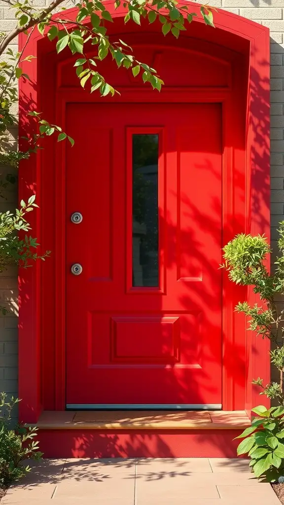A bold red entry door surrounded by greenery