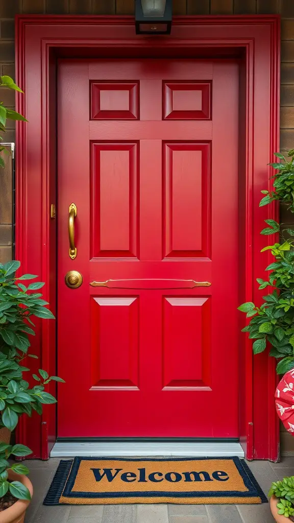 A bold red front door with a golden handle and a 'Welcome' mat, surrounded by green plants.