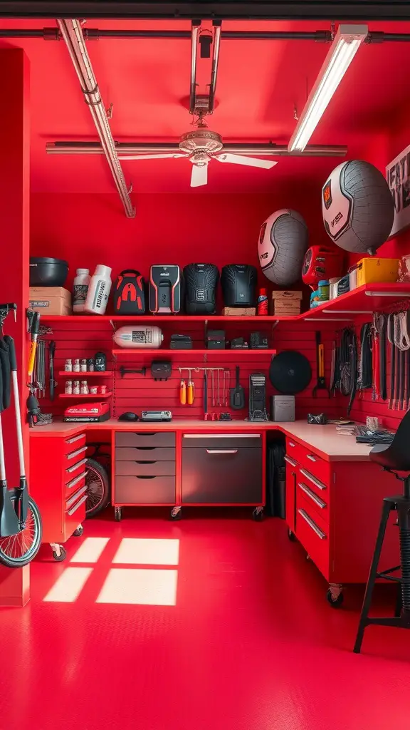A vibrant red garage with organized tools and cabinets, showcasing an energetic workspace.