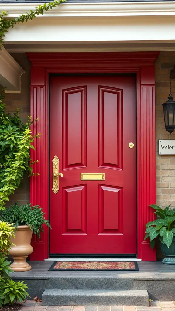 13 Stunning Front Door Color Ideas to Transform Your Home 9 A bright red front door framed by green plants and elegant hardware.