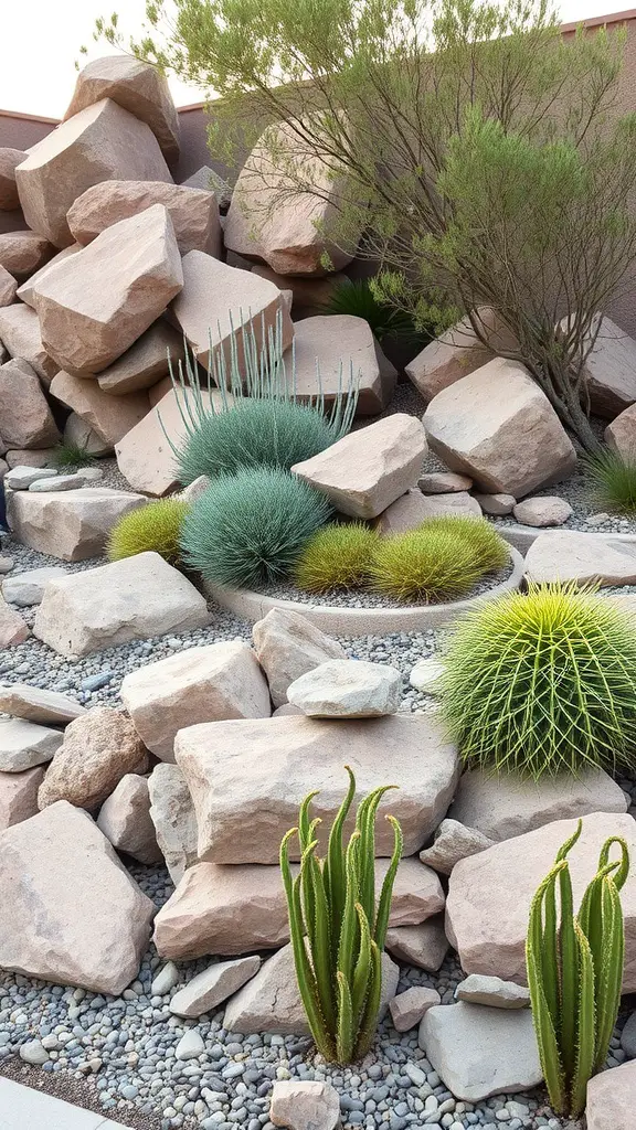 13 Stunning No Grass Front Yard Ideas for a Low-Maintenance Landscape 11 A rock garden with large boulders, cacti, and vibrant greenery.