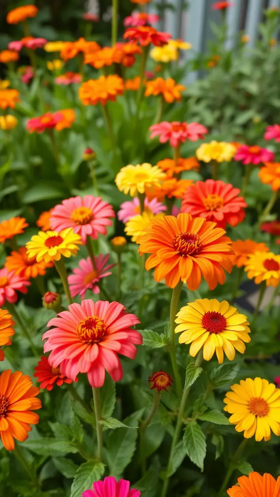 19 Colorful Plant Ideas to Brighten Your Space 13 A vibrant display of zinnias in various colors including orange, pink, and yellow.