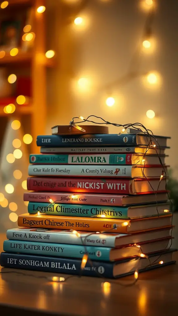 29 Adorable Baby Shower Centerpiece Ideas You’ll Love 17 A stack of books with fairy lights wrapped around them, creating a cozy centerpiece.
