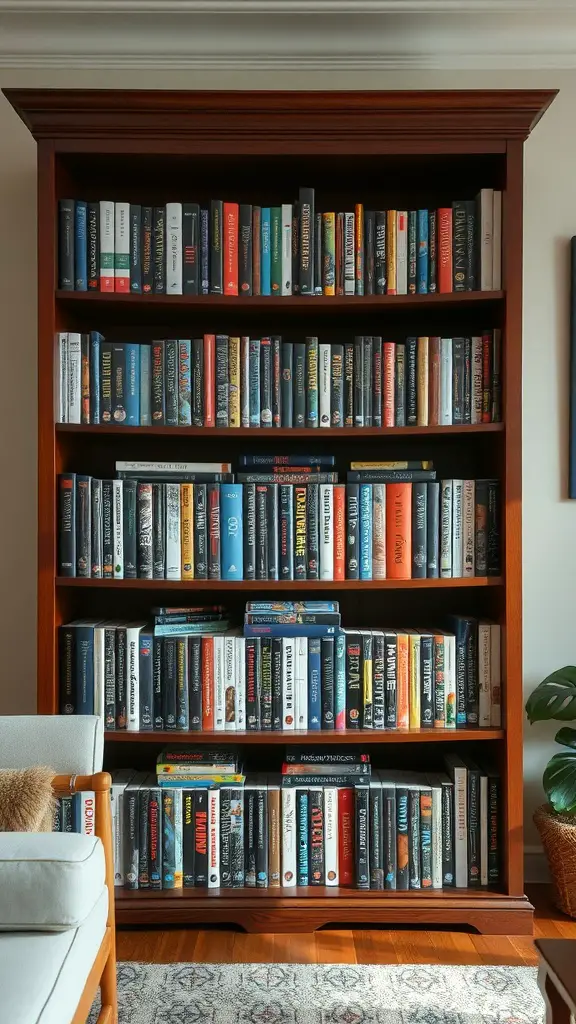 21 Creative DVD Storage Solutions for an Organized Home 7 A wooden bookcase filled with DVDs, organized neatly on shelves.