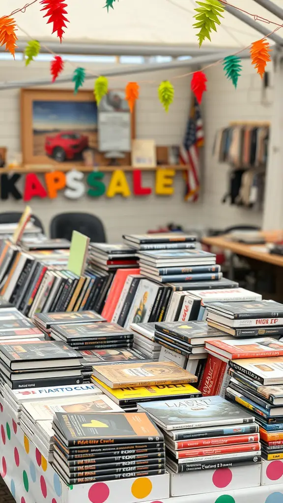 21 Creative Garage Sale Ideas to Boost Your Sales 10 A colorful table filled with a variety of books and media at a garage sale.