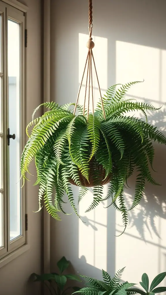 15 Stunning Indoor Hanging Plants to Transform Your Space 2 A Boston Fern hanging in a woven basket, with sunlight shining through a nearby window.