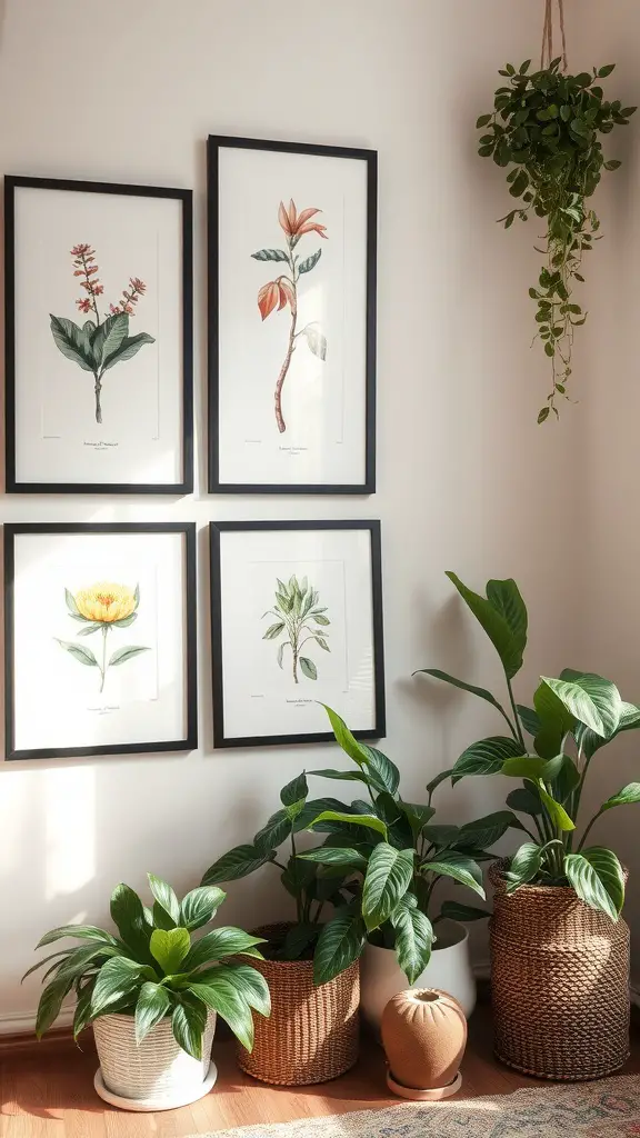 A corner with framed botanical art and various indoor plants in decorative pots.