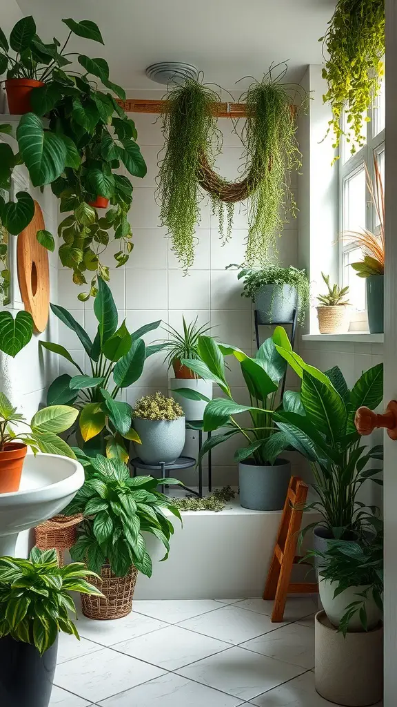A vibrant bathroom filled with various houseplants, showcasing a cozy and natural atmosphere.