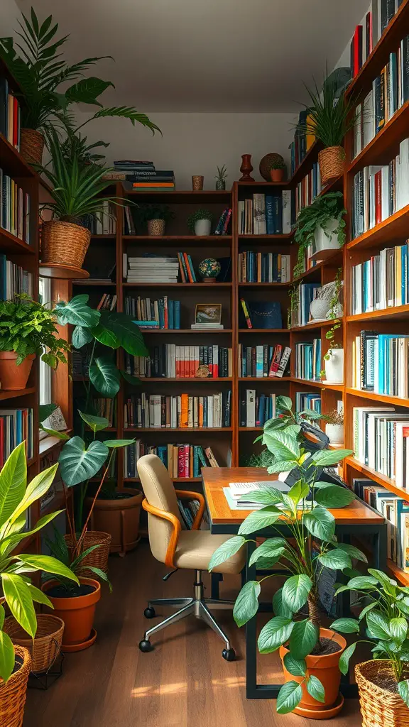 A cozy study area filled with bookshelves, plants, and a desk.