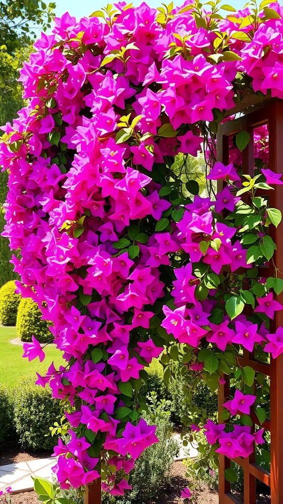21 Stunning Tropical Garden Plants You Need to Grow 6 Bougainvillea plant with vibrant magenta flowers climbing a trellis